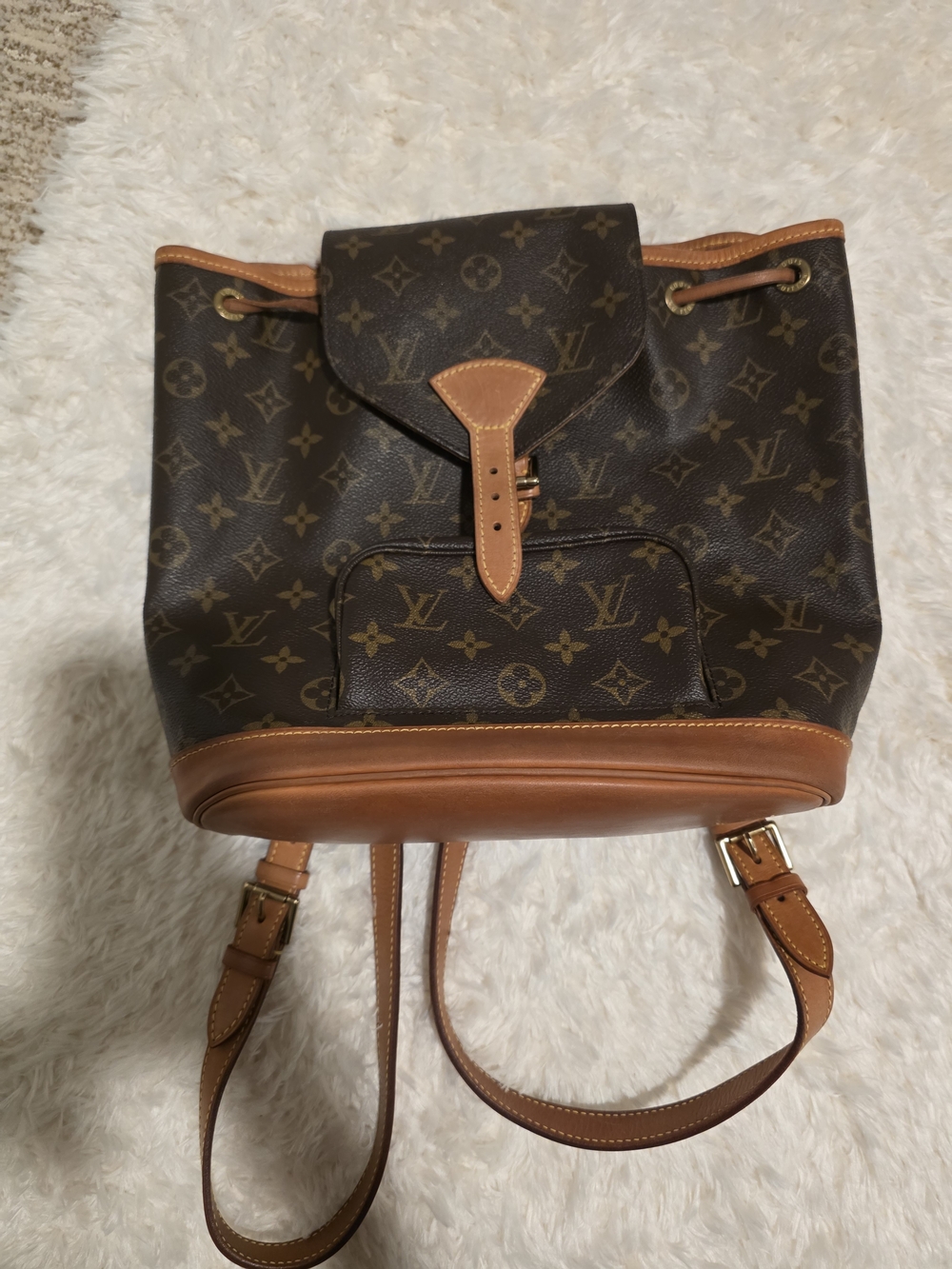 Louis Vuitton Brown Monogram Drawstring Backpack with Tan Leather Trim